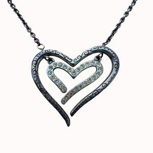 Brighton Silver-Tone Double Heart Rhinestone Pendant Necklace Casual Neutral Rom